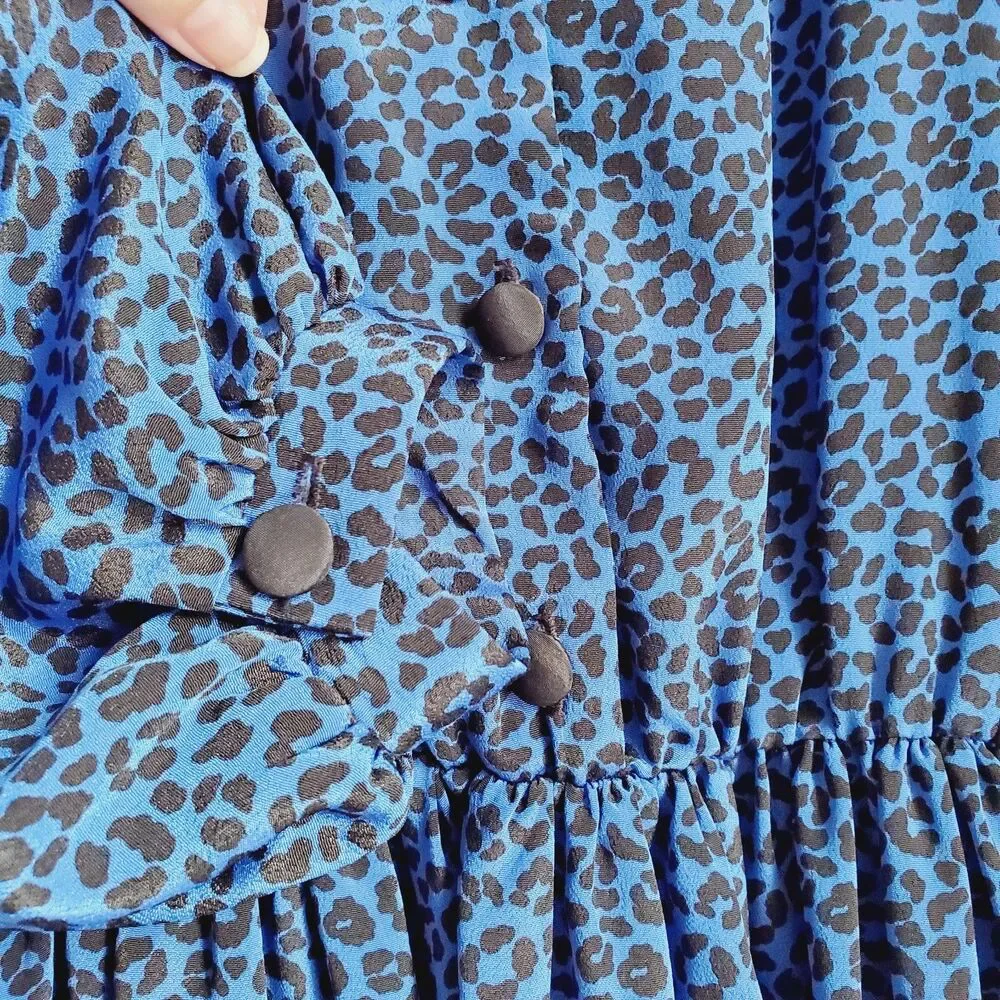 Vintage Tribute Blue Animal Print Dress Elastic Waist Long Sleeve Size M GUC - Picture 11 of 14